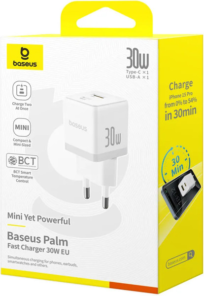 Изображение товара Адаптер питания сетевой Baseus Palm C+U 30W EU / P1011160A213-00 (белый)