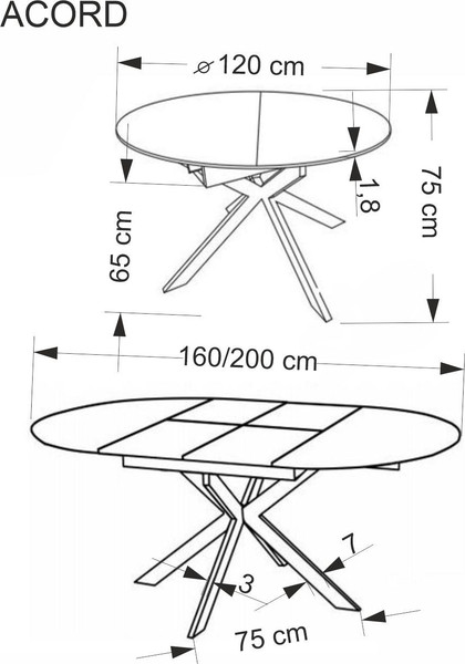 Изображение товара Обеденный стол Halmar Acord 120-200x120x75 (натуральный/черный)