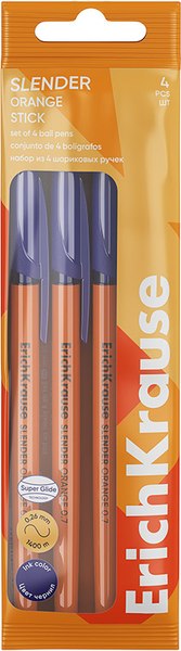 Изображение товара Набор шариковых ручек Erich Krause Slender Stick Orange 0.7, Super Glide Technology (4шт, синий)