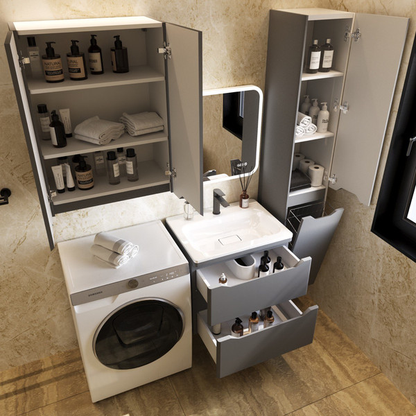 Изображение товара Шкаф-пенал для ванной Symbolite Марелла Люкс Plus с корзиной (серый)