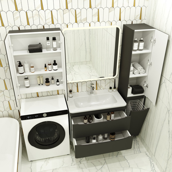 Изображение товара Шкаф-пенал для ванной Symbolite Бергамо Люкс Plus с корзиной (черный)