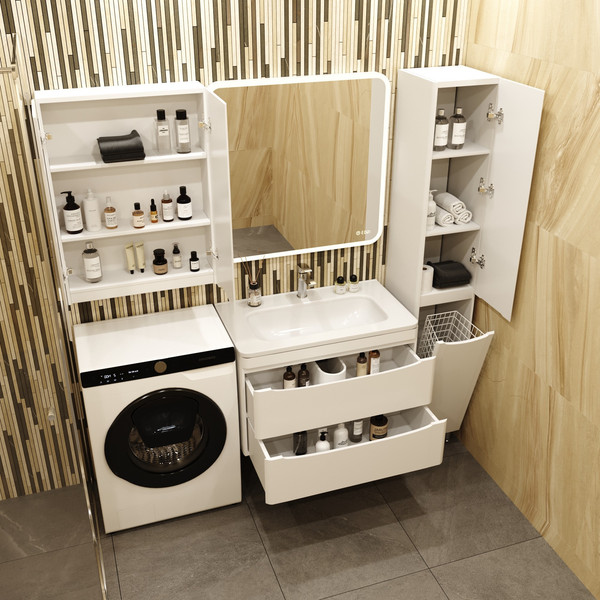 Изображение товара Шкаф-пенал для ванной Symbolite Бергамо Люкс Plus с корзиной (белый)