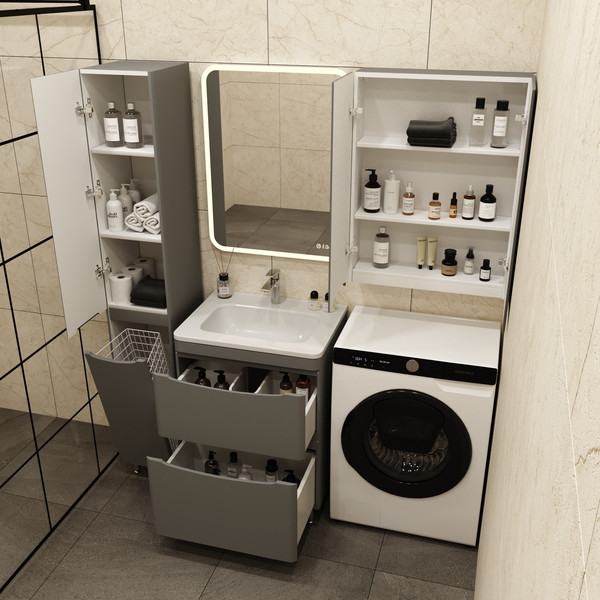 Изображение товара Шкаф-пенал для ванной Symbolite Бергамо L Люкс Plus с корзиной (серый)