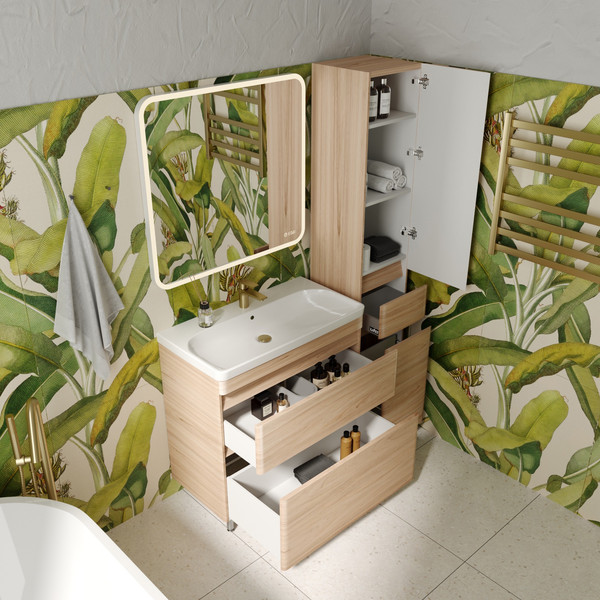 Изображение товара Шкаф-пенал для ванной Symbolite Атлантика 35 Люкс Plus с корзиной (ясень перламутр)