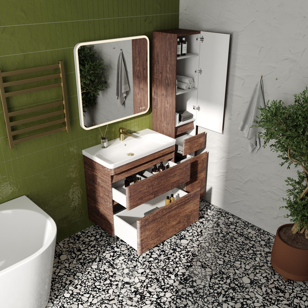 Изображение товара Шкаф-пенал для ванной Symbolite Атлантика 35 Люкс Plus с корзиной (старое дерево)