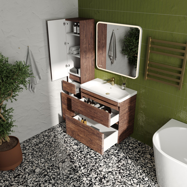 Изображение товара Шкаф-пенал для ванной Symbolite Атлантика 35 L Люкс Plus с корзиной (старое дерево)