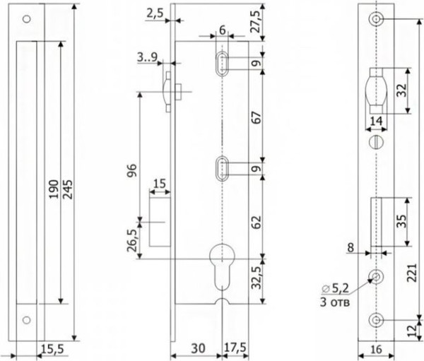 Изображение товара Замок врезной Гардиан Profi 30.11P.16 (без цилиндра, с роликовой защелкой)