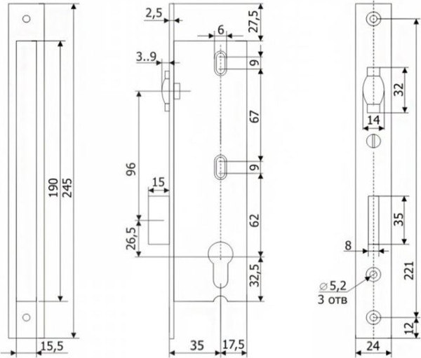 Изображение товара Замок врезной Гардиан Profi 35.11P.24 (без цилиндра, с роликовой защелкой)