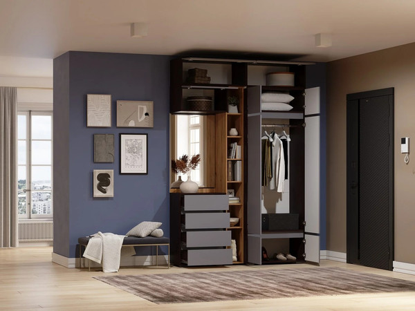 Изображение товара Секция в прихожую Woodville Роут с зеркалом / 593728 (венге/дуб вотан/графит софт)