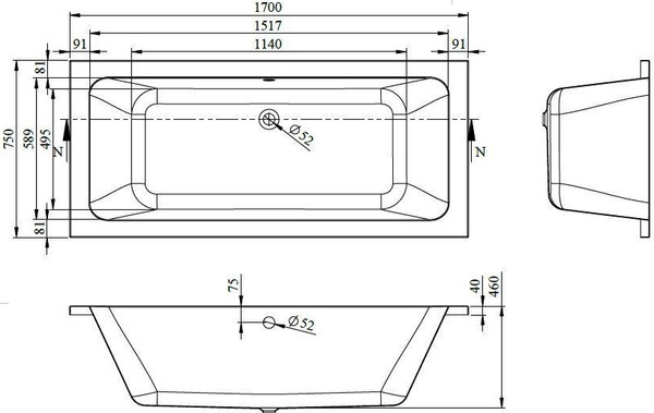 Изображение товара Ванна акриловая Bonito Home Oslo 170x75 / BH-OS-701-170-75/Su (с ножками)