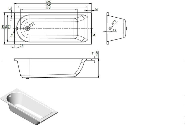 Изображение товара Ванна акриловая Bonito Home Bora 170x70 / BH-BO-801-170/St (с ножками)