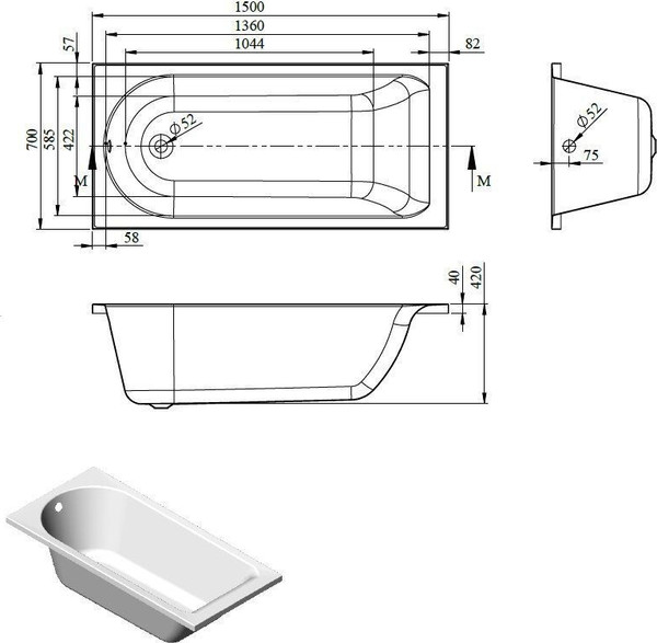 Изображение товара Ванна акриловая Bonito Home Bora 150x70 / BH-BO-801-150/St (с ножками)