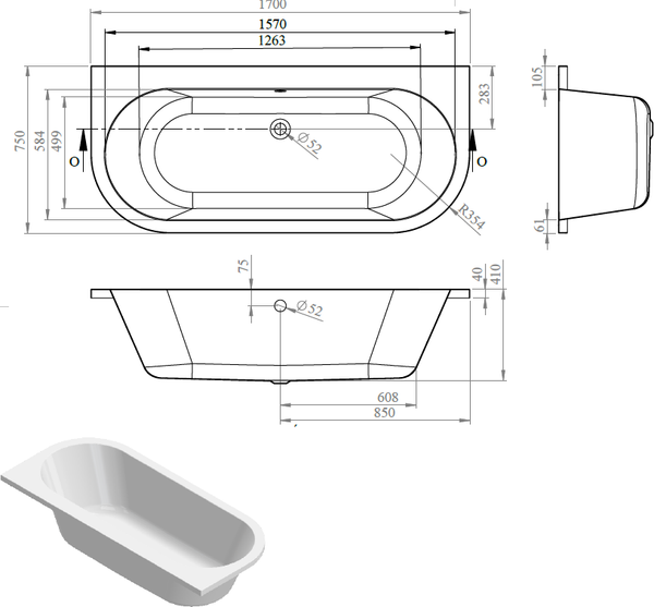 Изображение товара Ванна акриловая Bonito Home Aura 170x75 / BH-AU-104-170W/St (с ножками)