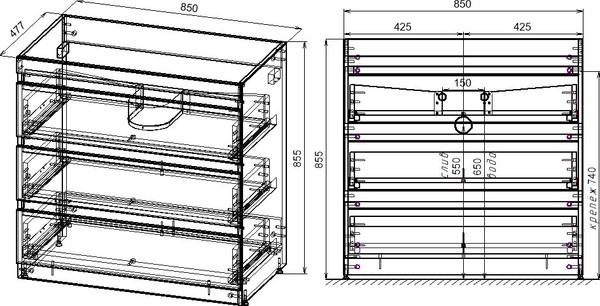 Изображение товара Тумба под умывальник Symbolite Даллас 150 Люкс Plus 3 ящика (белый)