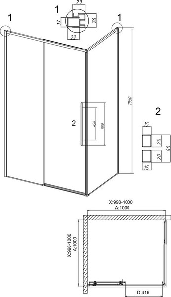 Изображение товара Душевой уголок Grossman Galaxy 100х100х195 / 120.K33.01.1010.21.00 (черный матовый/прозрачное стекло)