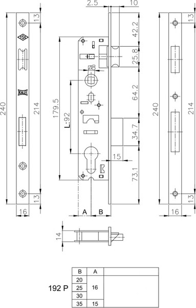 Изображение товара Замок врезной Kale 192P B:35мм