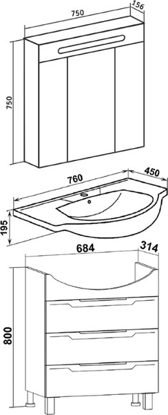 Изображение товара Тумба под умывальник Runo Верона 75 (напольная)