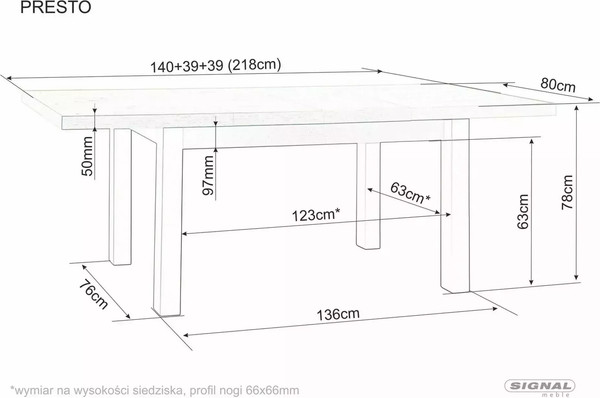 Изображение товара Обеденный стол Signal Presto 140-218x80 (дуб кремона/кашемир)