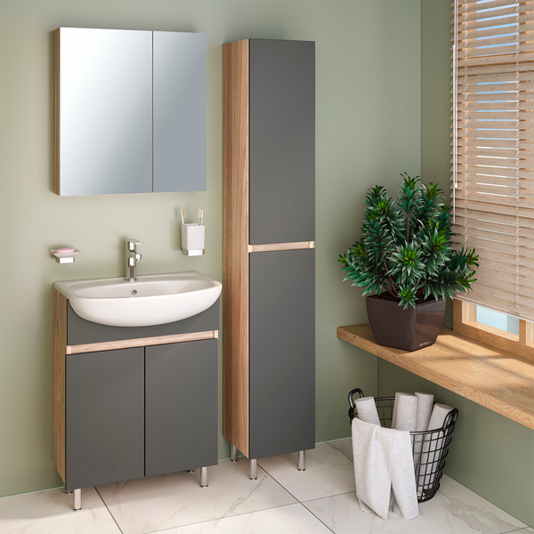 Изображение товара Шкаф-пенал для ванной Runo Лада (напольный, дуб/графит)