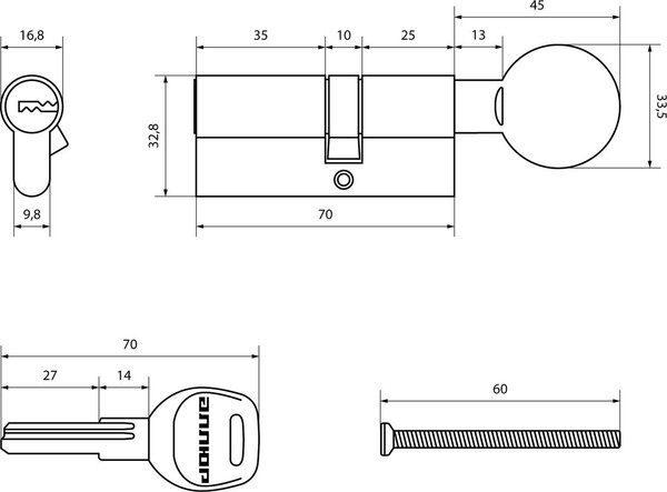 Изображение товара Цилиндровый механизм замка Аллюр HD FG 70-5К CP 40x30G (хром)