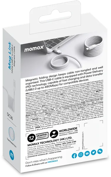 Изображение товара Кабель Momax Mag.Link USB-C/USB-C / DC36W (2м, белый)