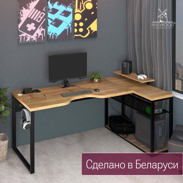 Изображение товара Компьютерный стол Millwood угловой Каир с полкой 200х120х93 (дуб золотой Craft/металл черный)