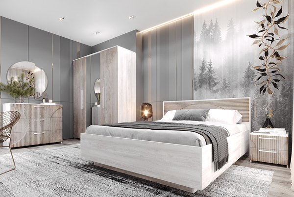 Изображение товара Комплект мебели для спальни Мебель-КМК Монтале 1 КМК 1036 (бетон пайн светлый/MDP 70 астана роузвуд)