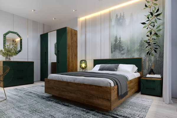 Изображение товара Комплект мебели для спальни Мебель-КМК Монтале 1 КМК 1036 (дуб канзас/SAT 22 зеленый мат)