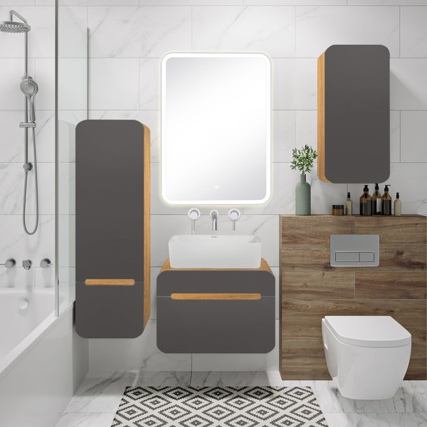 Изображение товара Шкаф-полупенал для ванной Runo Ницца 35 правый (подвесной, дуб натуральный/графит)