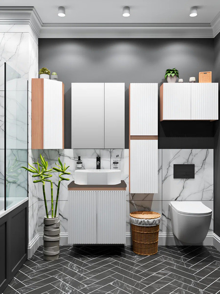 Изображение товара Тумба под умывальник Runo Соренто 50 вертикаль (подвесная, крафтовый дуб/белый/графит)