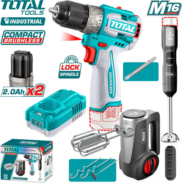 Изображение товара Аккумуляторная дрель-шуруповерт TOTAL Набор аккумуляторных инструментов TCKLI1638