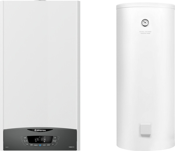 Изображение товара Комплект газового котла с бойлером Ariston Clas XC System 28 FF NG (93301680) + Royal Thermo Aquatec (Inox RTWX 150) (дымоход в подарок)
