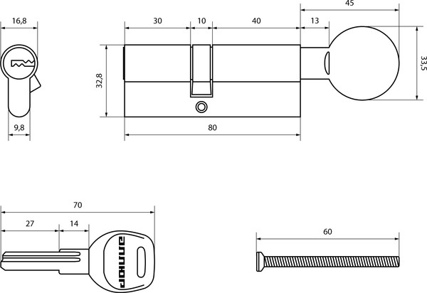 Изображение товара Цилиндровый механизм замка Аллюр HD FG 80-5К BP 35x45G (латунь)