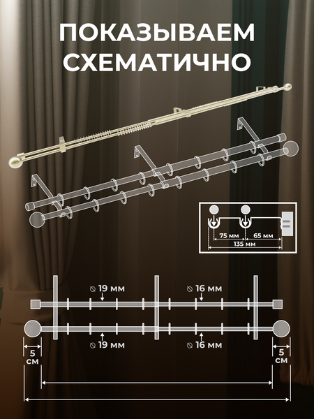 Изображение товара Карниз для штор Sundays Home Сфера Раздвижной 16/19мм 2-х рядный (белый глянец, 1.6-3м)