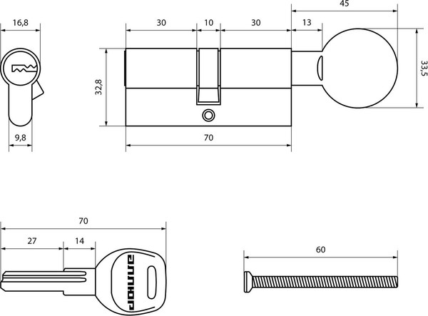 Изображение товара Цилиндровый механизм замка Аллюр HD FG 70-5К BP 35x35G (латунь)
