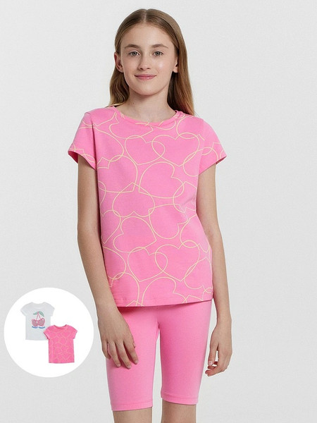 Изображение товара Комплект футболок детских Mark Formelle 117892-2 (р.134-68, белый/сердечки на розовом)