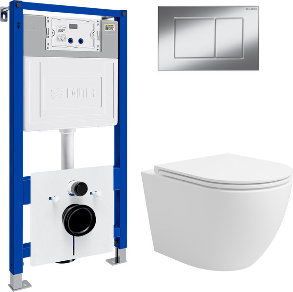 Изображение товара Унитаз подвесной с инсталляцией Lauter Vortex 2110830 с кнопкой 219701J (прямоугольная, хром)