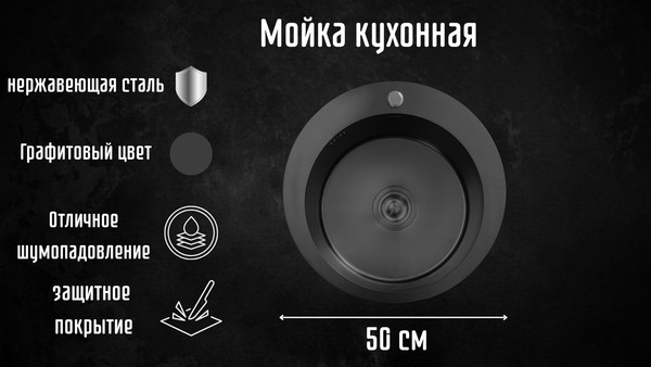 Изображение товара Мойка кухонная Astir PVD Black 50x50RB (с сифоном, дозатором и коландером)