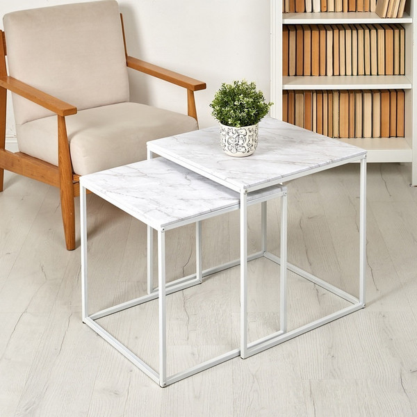 Изображение товара Комплект журнальных столиков Мебелик МеталлАрт М002 (белый мрамор/белый)