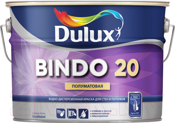 Изображение товара Краска Dulux Bindo 20 для стен и потолков (9л, белый полуматовый)