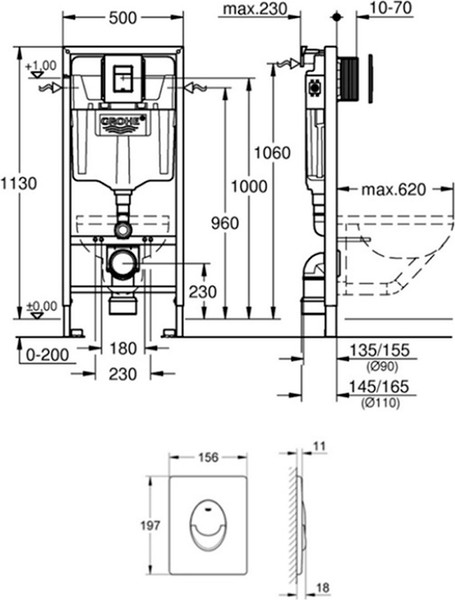 Изображение товара Унитаз подвесной с инсталляцией Lauter Vortex 2110830 + GROHE Rapid SL 38721001 с кнопкой (овальная, хром)