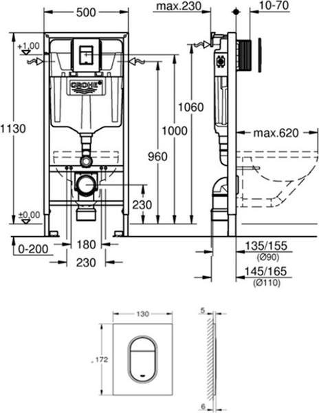 Изображение товара Унитаз подвесной с инсталляцией Lauter Vortex 2110830 + GROHE Rapid SL 39504000 с кнопкой (округлая, хром)