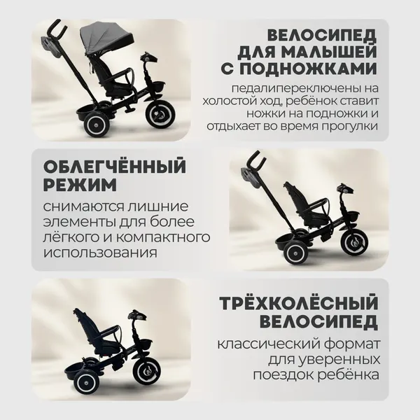 Изображение товара Трехколесный велосипед с ручкой Bubago Dragon / BG 161-3 (темно-серый)