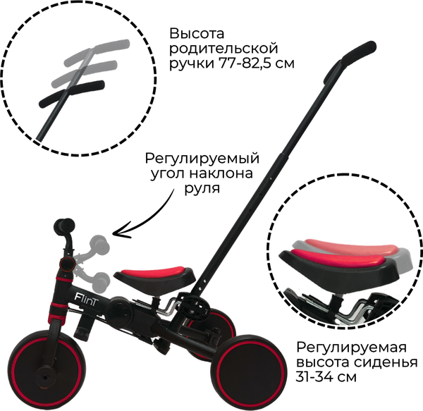 Изображение товара Трехколесный велосипед с ручкой Bubago Flint / BG-FPY-109-9 (черный/красный)