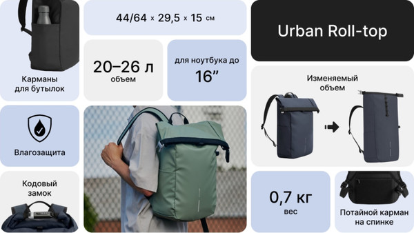 Изображение товара Рюкзак XD Design Urban Roll-Top / P706.2815 (голубой)