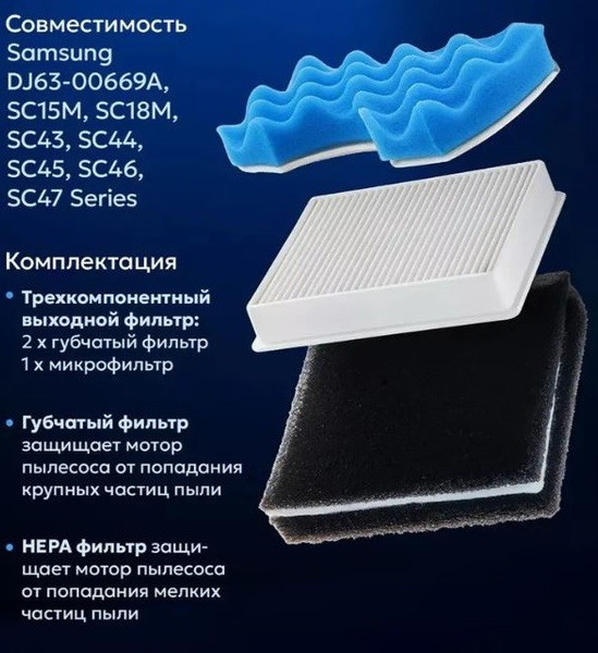 Изображение товара Комплект фильтров для пылесоса Dr.Electro Samsung SC 43, 44, 45, 47 / FS45-SET (6шт)