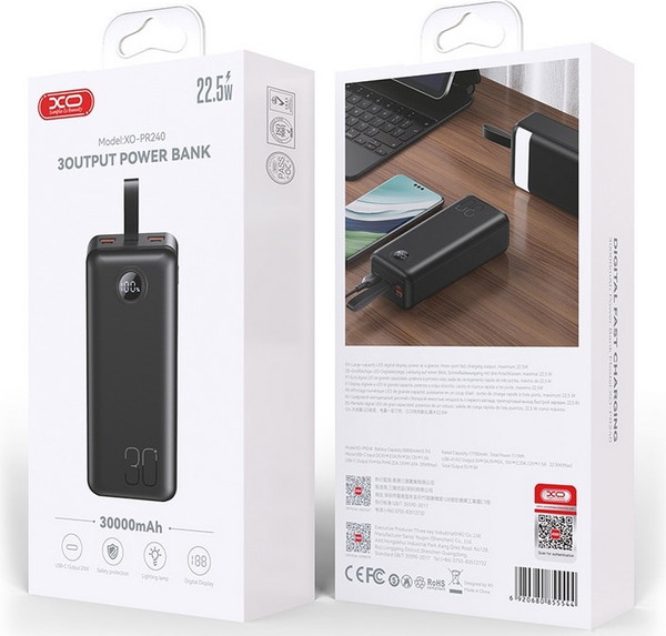 Изображение товара Портативное зарядное устройство XO 30 000 мАч USB-C 20WUSB-A 22.5W PR240