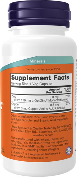 Изображение товара Комплексная пищевая добавка NOW Foods L-Optizinc 30mg (100капсул)