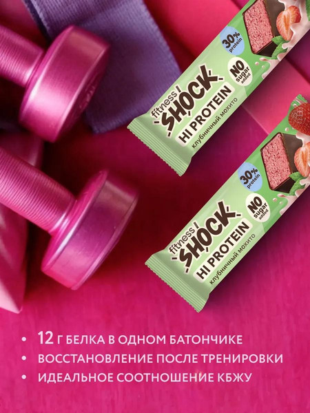 Изображение товара Набор протеиновых батончиков FitnesShock Hi Protein Со вкусом клубники и мяты (12x40г)