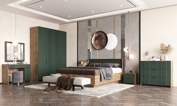 Изображение товара Комплект мебели для спальни Мебель-КМК Герта 1 КМК 1020 (дуб канзас/SAT 22 зеленый мат)